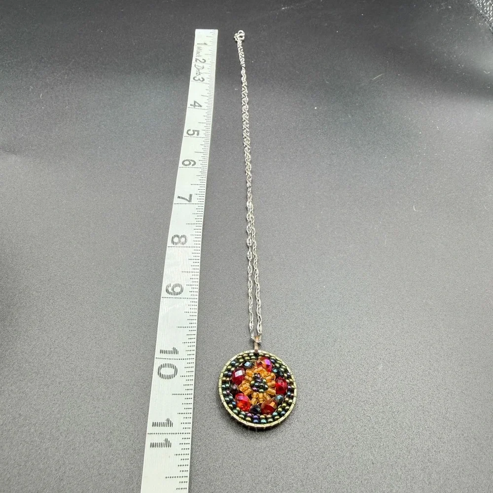 Multicolor Beaded Mosaic Pendant Necklace Stainless Steel Chain Boho Statement
